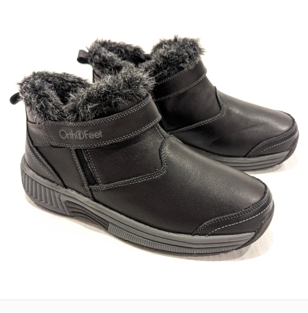 Orthofeet Women's Black Winter Boots with Faux Fur Lining - 2E Extra Wide